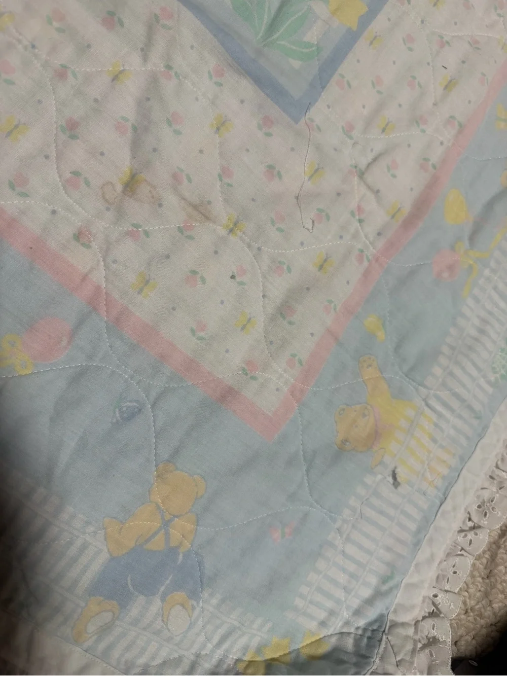 Vintage Pastel Blue Baby Quilt with Teddy Bear Motif
